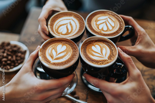 A close-up of friends holding cups of coffee with latte art, symbolizing warmth and socializing, perfect for International Coffee Day.