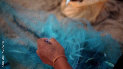 Bare Hands Of A Migrant Worker Removing Entangled Bycatch From Blue Fishing Nets Used In Thailand. photo
