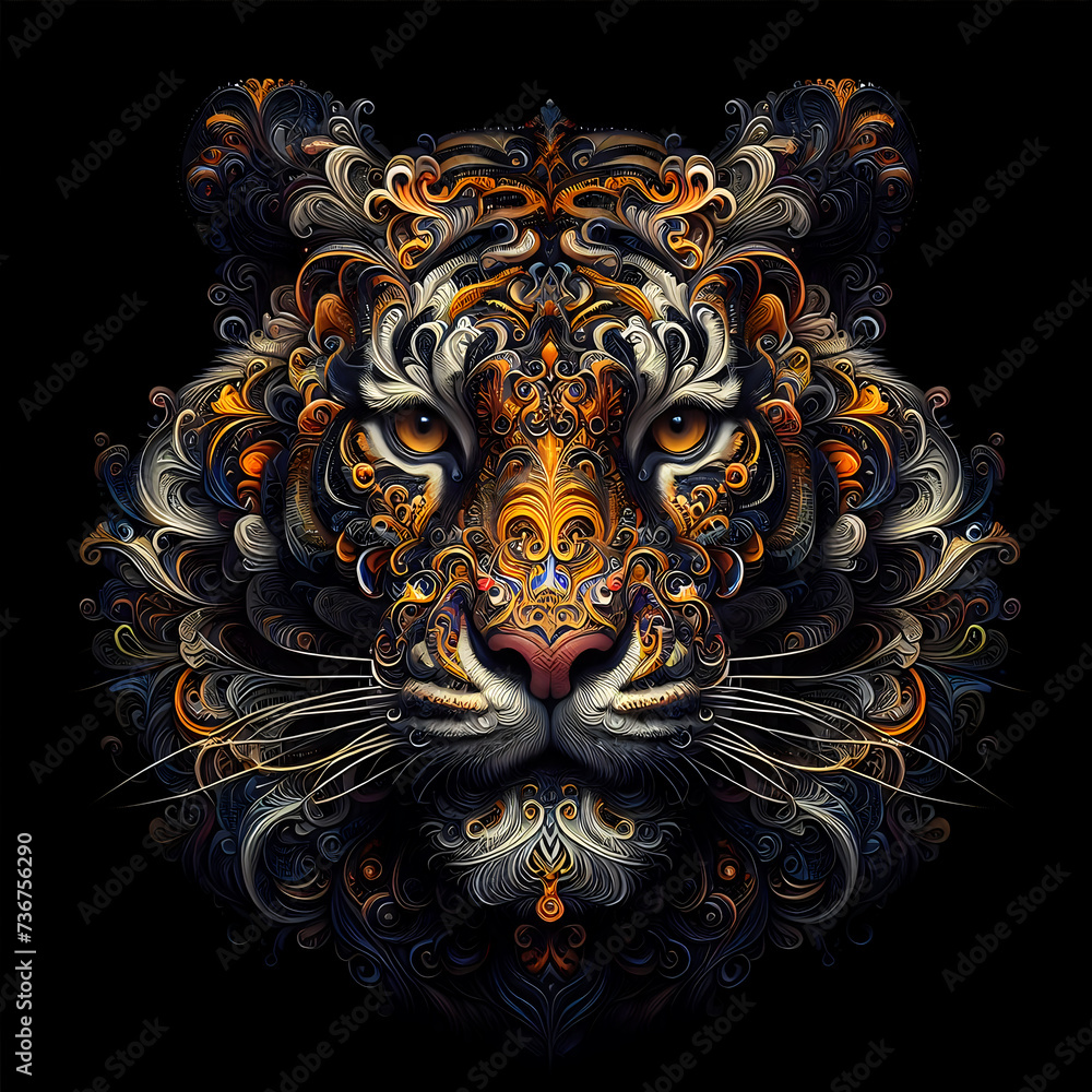 a tiger illustration in high quality detailed paisley fractal black background