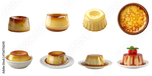 Baked custard pudding collection in 3d png transparent using for presentation.