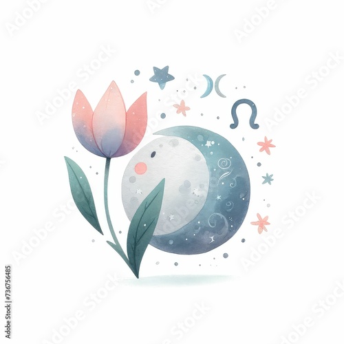 Zodiac signs and celestial themes for spring.watercolor illustration  astrological signs for horoscope  astrology concept. 