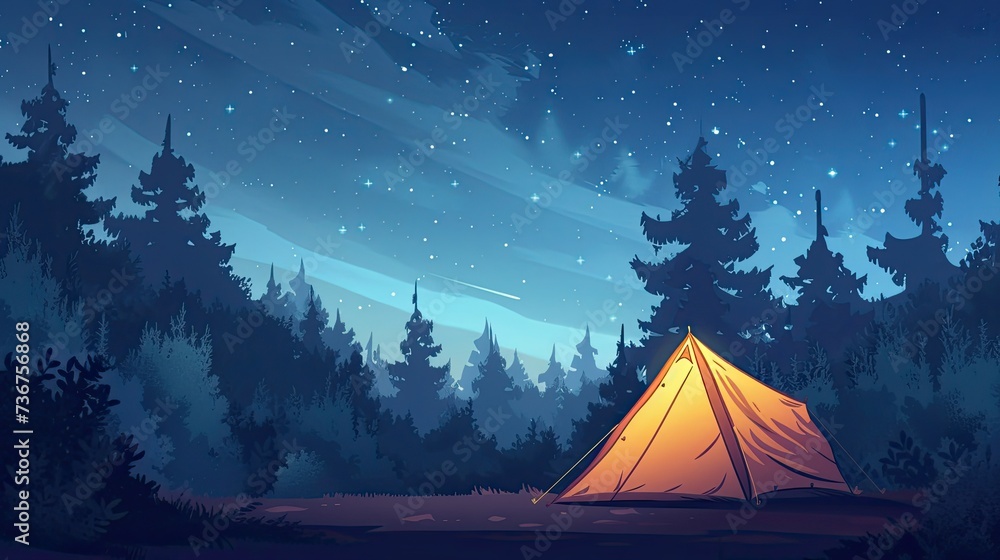 Nighttime Forest Camping Tent Under Starry Sky