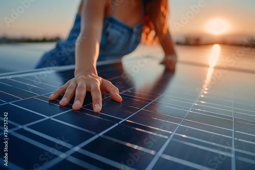 An insightful moment where a human hand gently explores the texture of solar panels at dusk