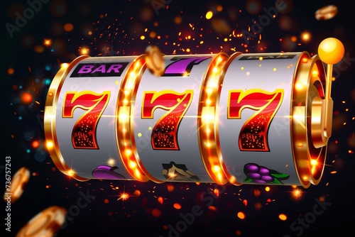 An animated slot machine with sevens and bar symbols, surrounded by coins showing motion and luck