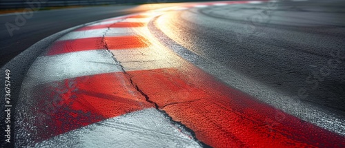 Dramatic sunset lighting over a curving racetrack with red and white curbs