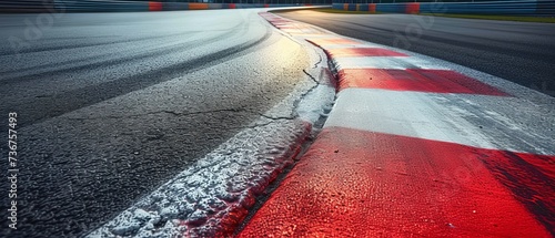 A section of the racetrack curves with a detailed red and white curb under overcast conditions