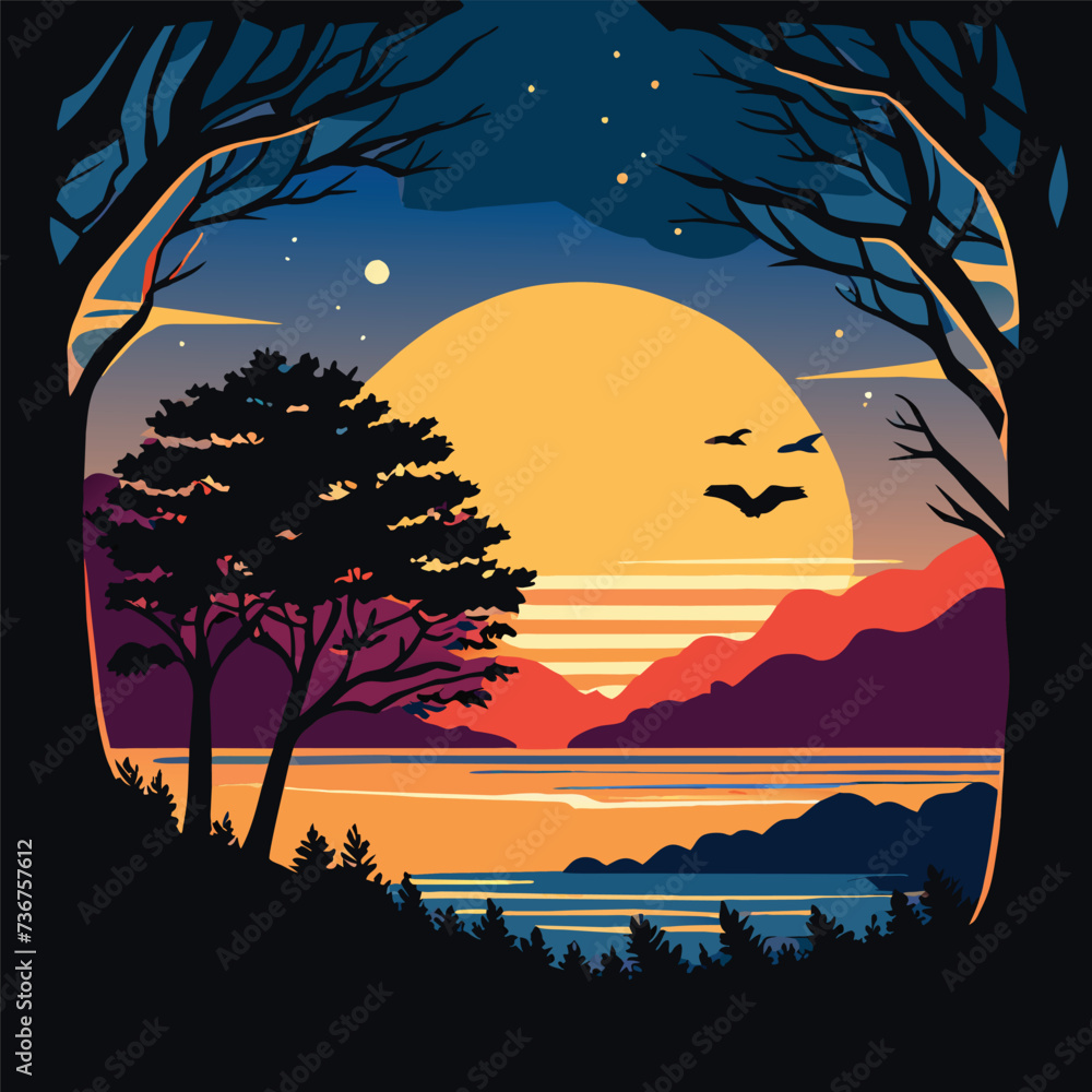 Forest Sunset Bliss: Vector Illustration with Birds