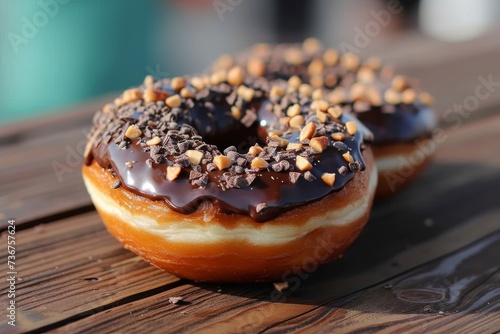 A single chocolate glazed donut with a peanut topping  positioned on a dark wooden board with a glossy finish