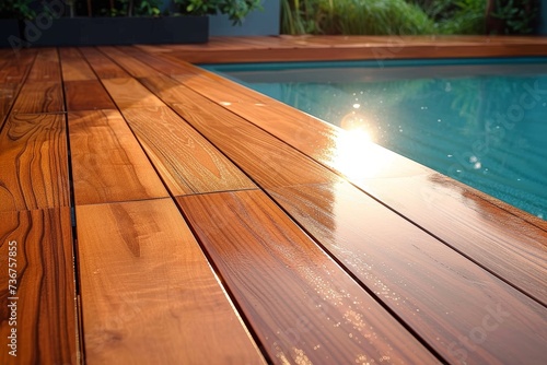 Warm sunrays blanket a polished wooden deck adjacent to the crystal-clear water of a pool  depicting leisure