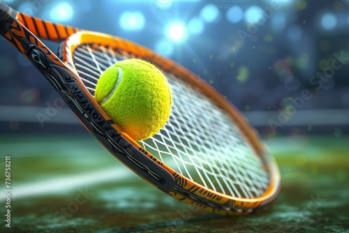 A close-up of a tennis ball on the racket strings, with a bokeh effect of stadium lights in the background