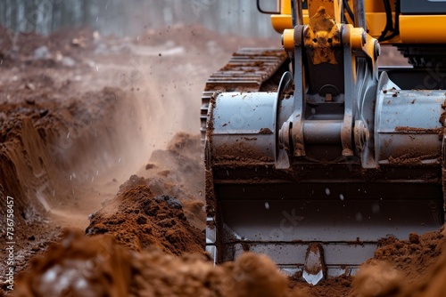 A powerful excavator moves tons of soil with its bucket in an intense construction activity photo