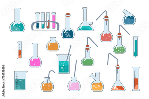 Transparent glass flasks and retorts, glassware for the chemical laboratory. Test tubes for scientific research. Chemical equipment for experiments. Vector illustration in a flat doodle style.