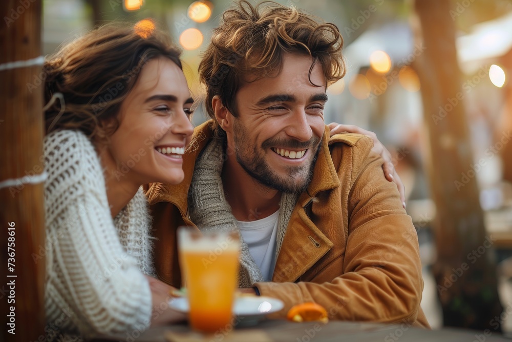 Radiant couple enjoys a fun moment with orange juice at a lively outdoor café Radiant couple enjoys a fun moment with orange juice at a lively outdoor café