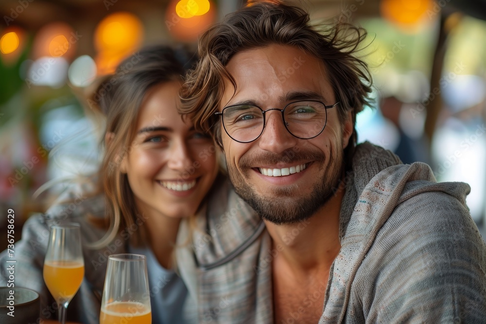 A smiling man and woman are sitting close together at a cafe with orange drinks on the table A smiling man and woman are sitting close together at a cafe with orange drinks on the table