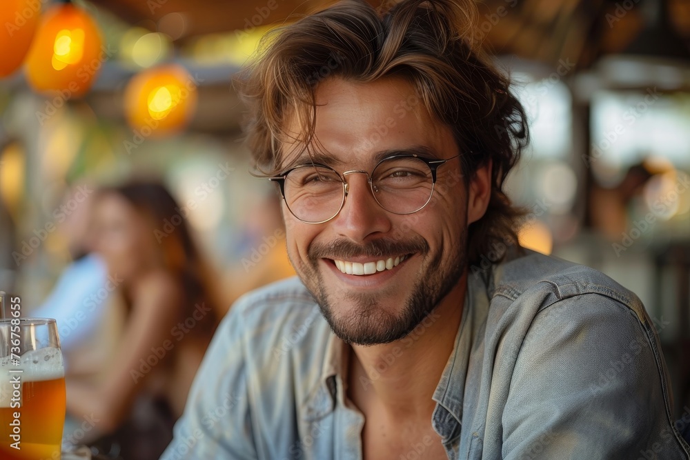 A young, attractive man in a cafe smiles with a beer in the foreground and blurred background A young, attractive man in a cafe smiles with a beer in the foreground and blurred background