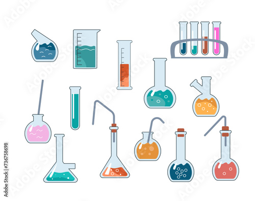 Transparent glass flasks and retorts, glassware for the chemical laboratory. Test tubes for scientific research. Chemical equipment for experiments. Vector illustration in a flat doodle style.