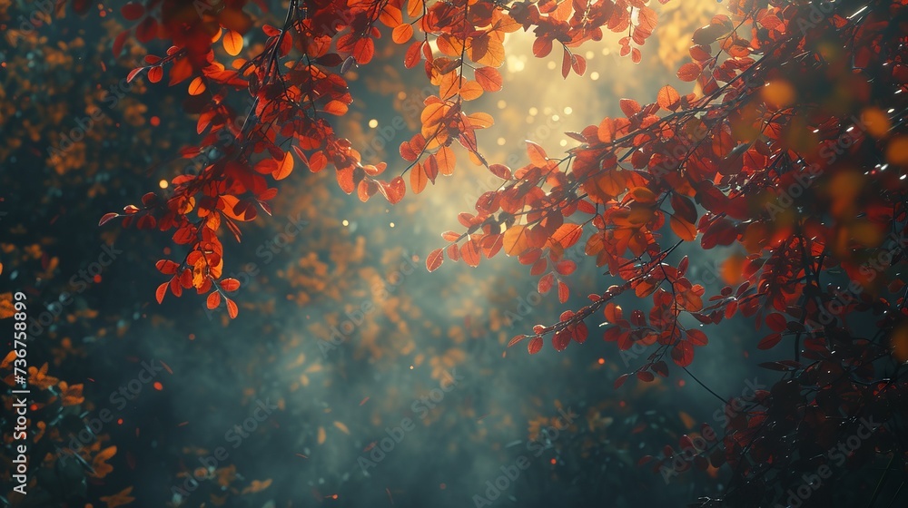 Autumn leaves in warm earthy hues illuminated by the soft glow of sunlight - obrazy, fototapety, plakaty 