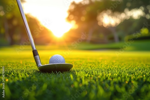 Close-up image showing a golf ball on a tee at a golf course, with the iron club aiming for the shot against a sunset backdrop