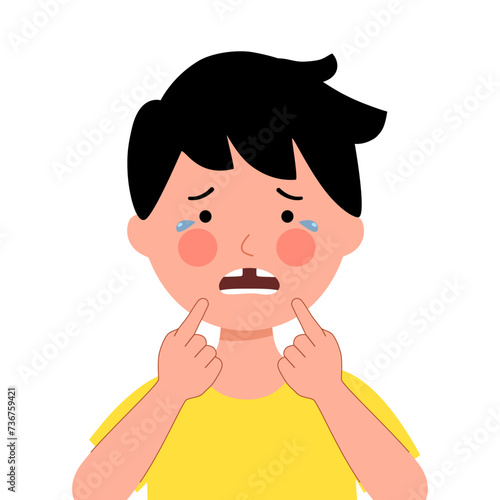Crying boy child missing tooth in flat design on white background. Dental problem.