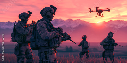 Military team armed with guns and a drone under a pink sunset