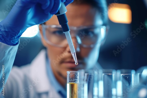 Image of a scientist analyzing contents in test tubes, symbolizing research, innovation, and medical advancement