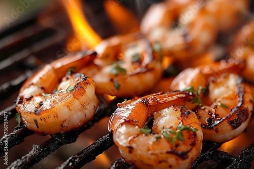 Close-up of succulent grilled prawns garnished with herbs amidst dramatic fiery flare-ups on a grill