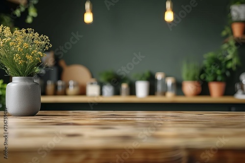 Warm wood textured surface with a clear vase filled with flowers, set against a fuzzy modern kitchen backdrop