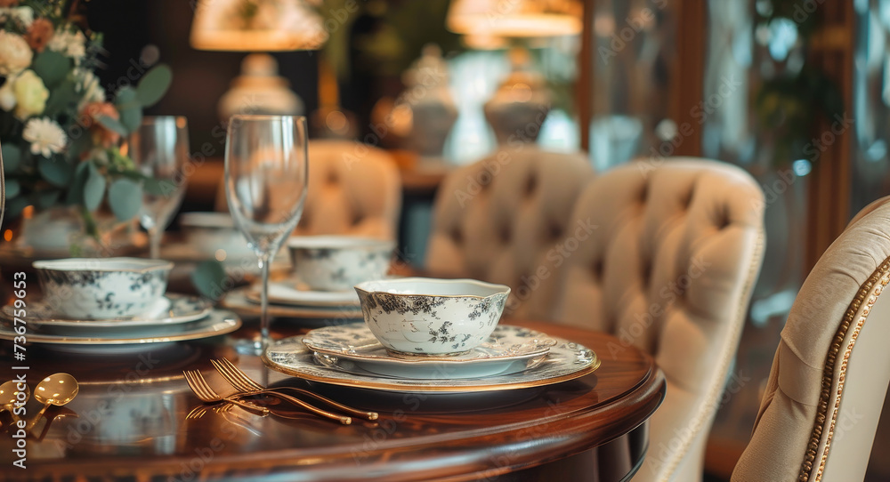 The image showcases an opulent dinner table with vintage-inspired china and elegant cutlery, perfect for a chic gathering