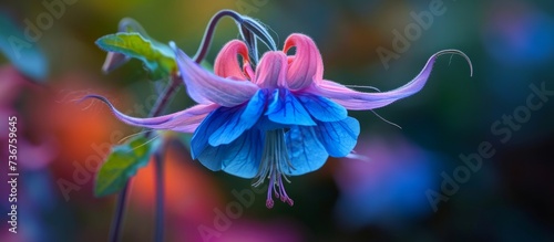 A close up shot of a vibrant blue and pink flower with a blurred background, showcasing the beauty of this flowering plant in shades of electric blue, magenta, and violet