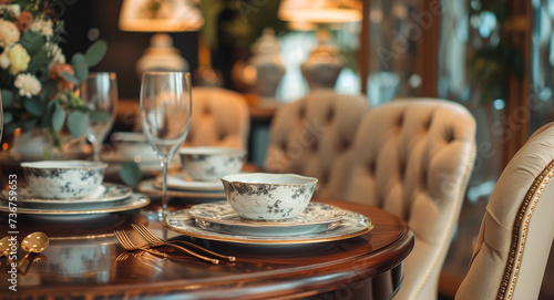The image showcases an opulent dinner table with vintage-inspired china and elegant cutlery  perfect for a chic gathering