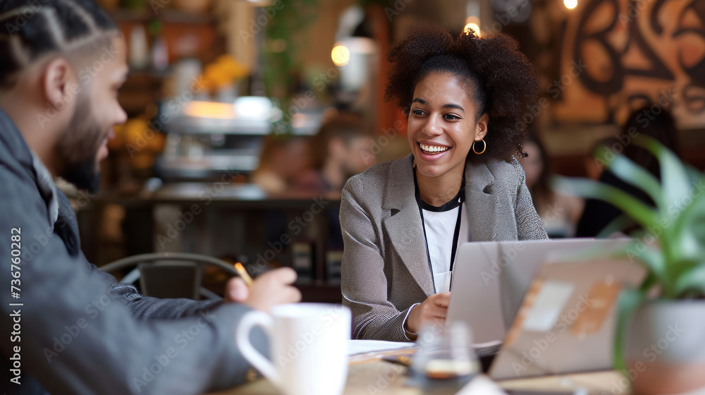 Mentor and mentee meeting at a cafe to talk about business finance and strategy