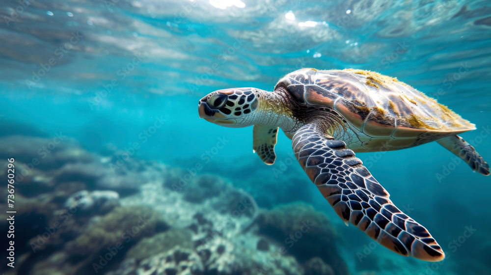 Fototapeta premium A sea turtle swimming near a shipping lane at risk of being struck by a large vessel and suffering serious injuries or death.