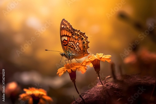 butterfly on a flower in yellow ambiance background 