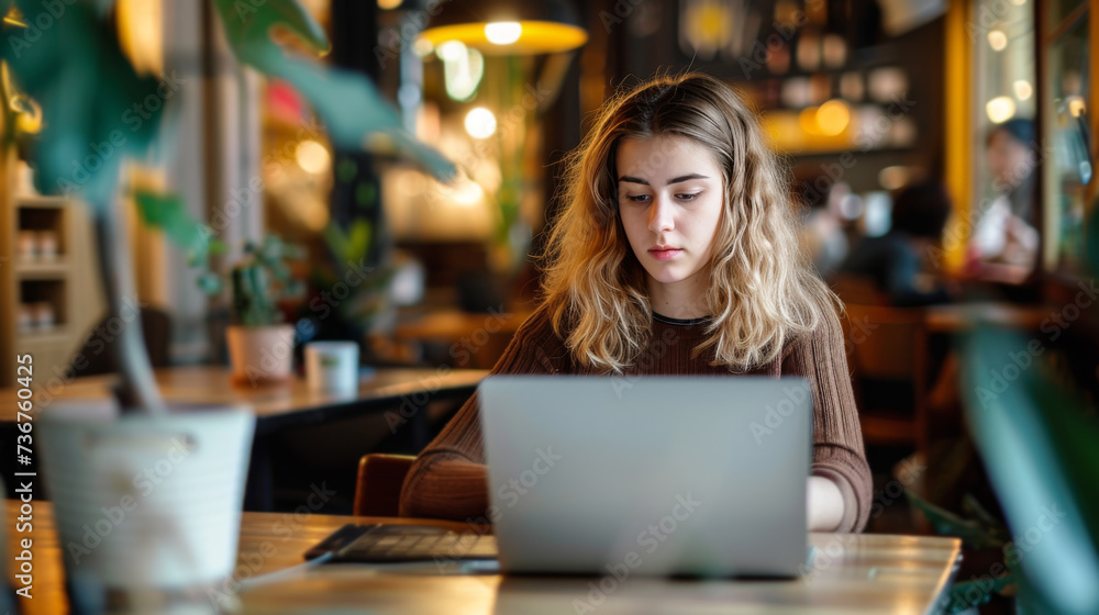 Young entrepreneur researching investment options and financial plans in coffee shop