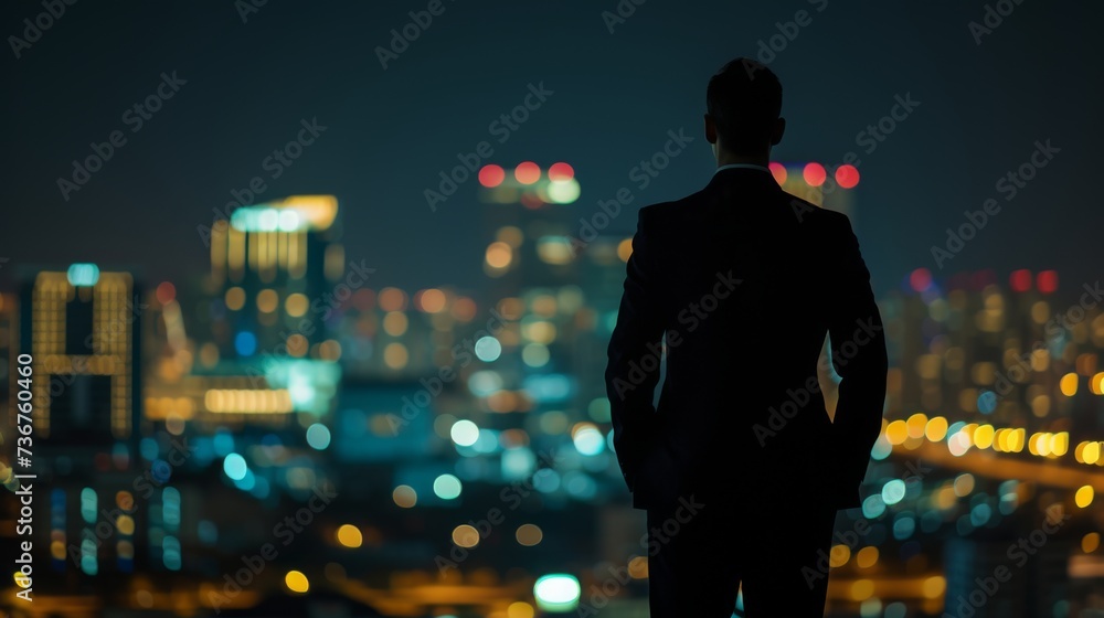 a businessman in a suit standing on a rooftop overlooking a city skyline at night a businessman in a suit standing on a rooftop overlooking a city skyline at night