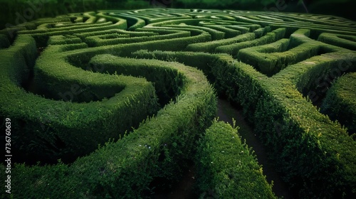 A maze of hedges with complicated twists and turns confusing the viewer sense of location