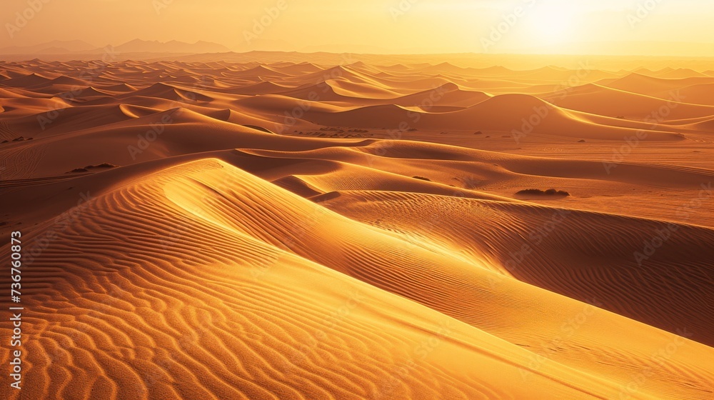 A rolling sand dune landscape in a scorching hot desert.