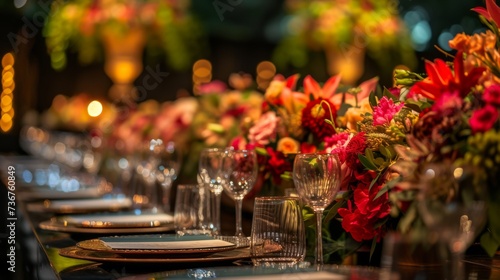 Event planner preparing a gala with floral and elegant table settings