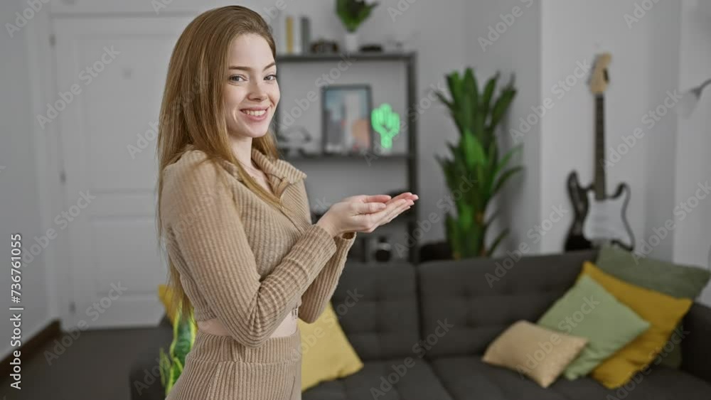 Young blonde woman wearing sweater pointing aside with hands open palms showing copy space, presenting advertisement smiling excited happy at home Young blonde woman wearing sweater pointing aside with hands open palms showing copy space, presenting advertisement smiling excited happy at home