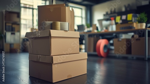  Empty cardboard boxes and packing tape in office corner for employees packing up after layoffs photo