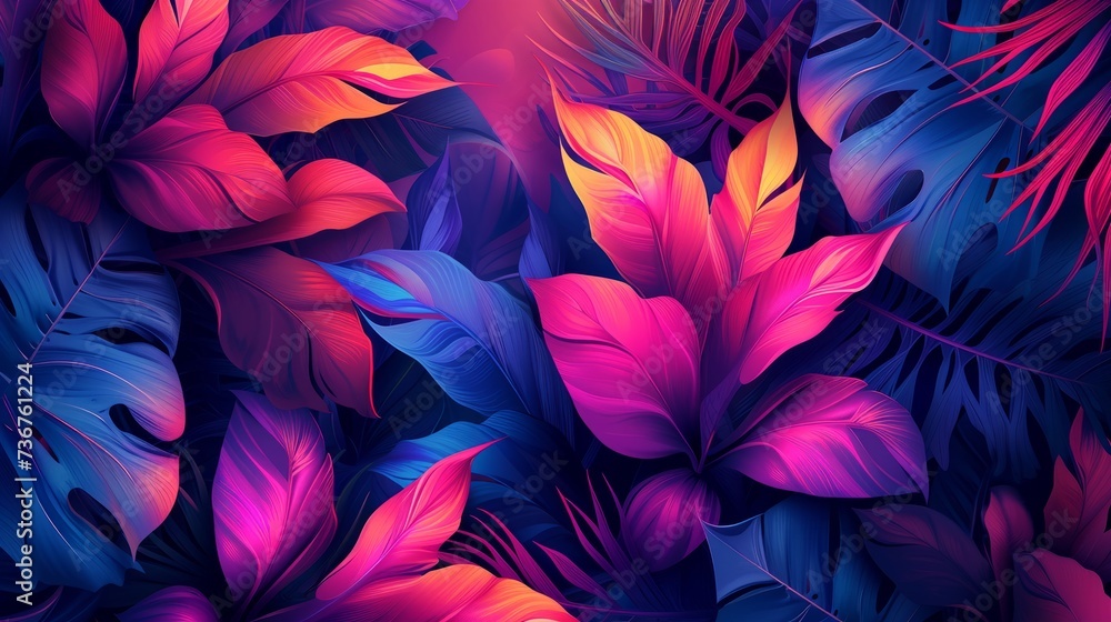 Vibrant tropical foliage with neon pink and blue hues, a botanical illustration Vibrant tropical foliage with neon pink and blue hues, a botanical illustration