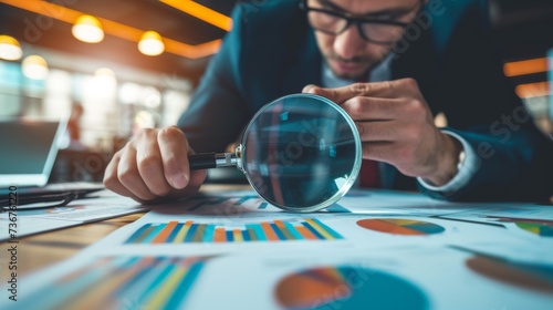 Magnifying glass on market competition and industry trends analysis by business strategist