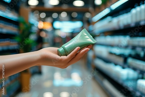 A clear image of a female hand evaluating a skincare tube amidst a blurred display of cosmetic products on shelves