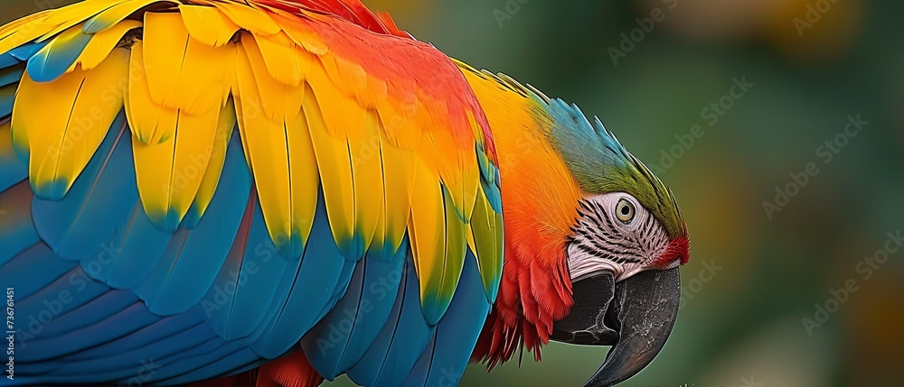 Fototapeta premium Detailed close-up of a vibrant macaw showcasing its striking plumage, reflecting the exotic beauty of wildlife