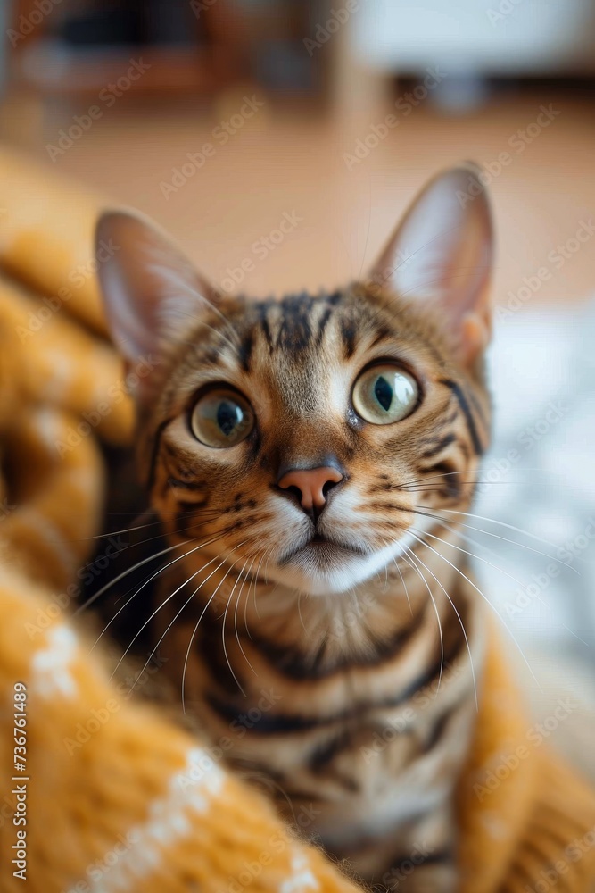 Intimate portrait of a comfortable Bengal cat snuggled in a soft yellow blanket with attentive green eyes