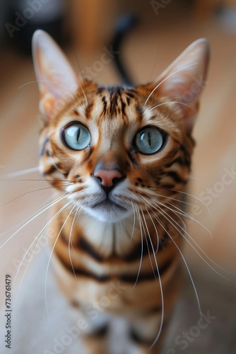 An intriguing and intimate portrait of a Bengal cat gazing directly at the camera with striking green eyes © LifeMedia