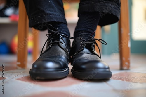 A close-up shot capturing shiny black shoes on a patterned tiled floor, blurriness in the background