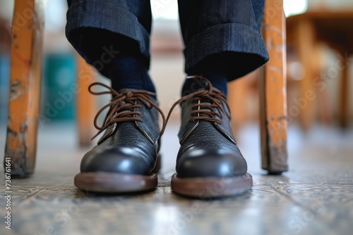 Focused on untied laces of leather shoes, it represents the casual interruption of daily life on a stylish floor
