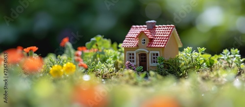 a small house with a red roof is sitting in a field of flowers . High quality