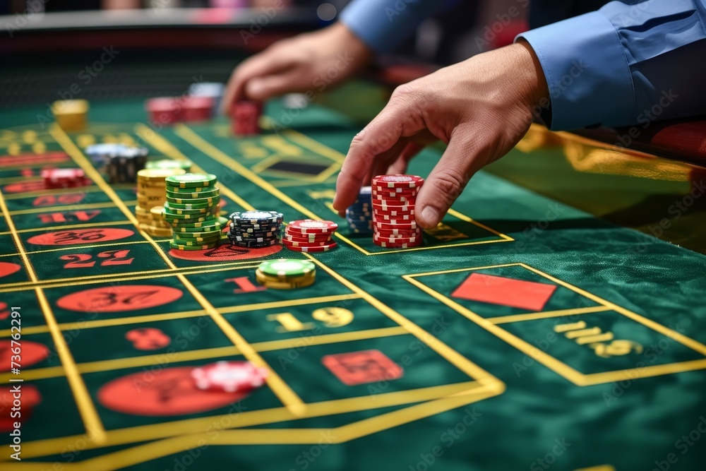 A detailed view of a casino table with a person's hands placing stacks of chips, indicating a game in progress A detailed view of a casino table with a person's hands placing stacks of chips, indicating a game in progress